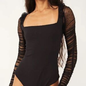 Free People Must Be Love Square Neck Black Lace Sleeve Bodysuit Ruffle Coquette